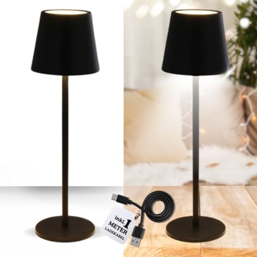 Bada Bing 2er Set LED Touch Tischleuchte schwarz mit Schirm in 37 cm - Deko Lampe tragbar aus Metall - Warmweiß drei Helligkeitsstufen - Tischlampe Kabellos wiederaufladbar - Tisch Akku Haus & Garten von Bada Bing