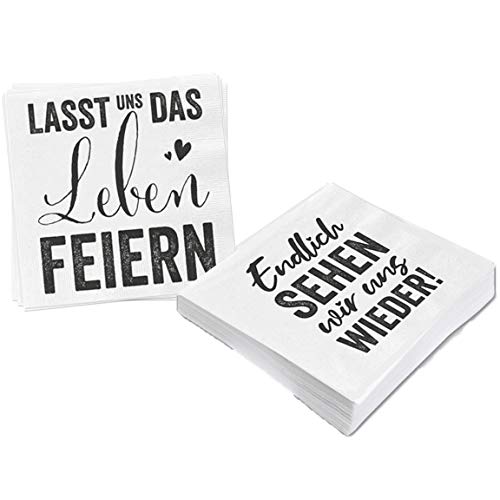 Bada Bing 2er Set Mit 40 Stück Servietten Spruch Weiß Edel Papierservietten "Endlich sehen wir uns wieder" "Lasst uns das Leben feiern" 40 von Bada Bing