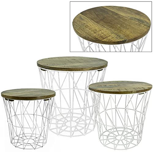 Bada Bing 3er Set Metall Korb weiß Beistelltisch Metallkorb hochwertig Mango Holz Couchtisch edel Kaffeetisch Wohnzimmertisch Modern Industrial Rund Design Couch Deko Tisch Aufbewahrungskorb 28 von Bada Bing