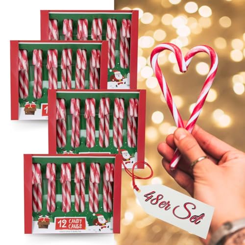 Bada Bing 48er Set Zuckerstangen essbar mit Erdbeer Geschmack - Lollie gestreift als Baumschmuck für Weihnachten - Candy Canes Bonbons für den Tannenbaum - Geschenkanhänger für Geschenke von Bada Bing