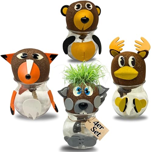 Bada Bing Graskopf 4er Set inkl. Wasserbehälter Waldtiere DIY Tiere – Rasenkopf Tierkopf mit Rasensamen – Experiment für Kinder – Spaß mit Lerneffekt – Geschenk Mitbringsel Kindergeburtstag Mitgebsel von Bada Bing