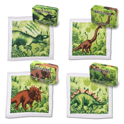 Bada Bing 4er Set Magisches Handtuch Dinosaurier Zauberhafte Baumwoll-Waschlappen Dino Zauberhandtuch für Kinder ca. 30x30 cm Gastgeschenk Kindergeburtstag von Bada Bing