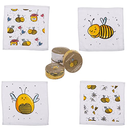 Bada Bing 4er Set Magisches Handtuch - Honig-Biene - Zauberhafte Baumwoll-Waschlappen Zauberhandtuch für Kinder ca. 30x30cm 4fach s. Gastgeschenk Kindergeburtstag Geburtstag Geschenk Mitgebsel von Bada Bing