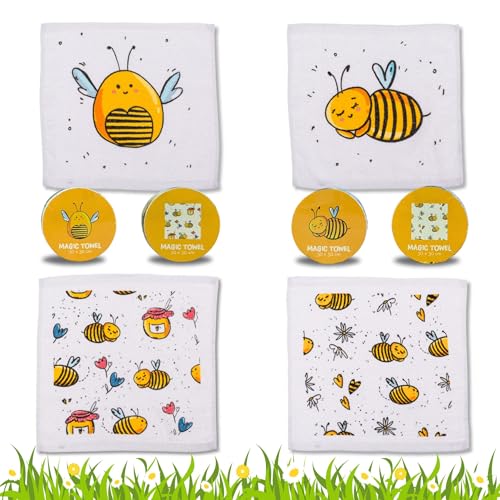 Bada Bing 4er Set Magisches Handtuch - Honig-Biene - Zauberhafte Baumwoll-Waschlappen Zauberhandtuch für Kinder ca. 30x30cm 4fach s. Gastgeschenk Kindergeburtstag Geburtstag Geschenk Mitgebsel von Bada Bing