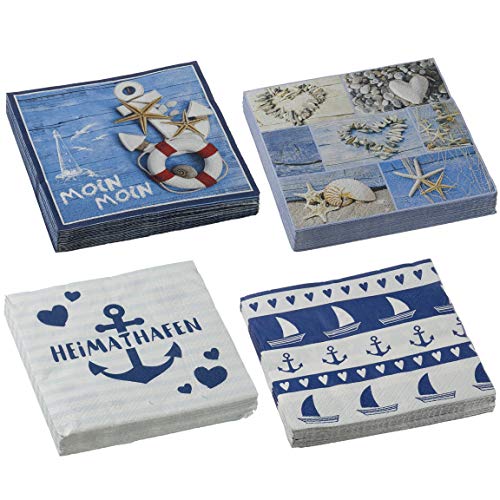 Bada Bing 4er Set mit 80 Stück Servietten Maritim - Heimathafen Schriftzug Motiv Meer - Papierservietten mit Spruch Weiß Blau 4-Fach Sortiert Tisch Deko 19 von Bada Bing