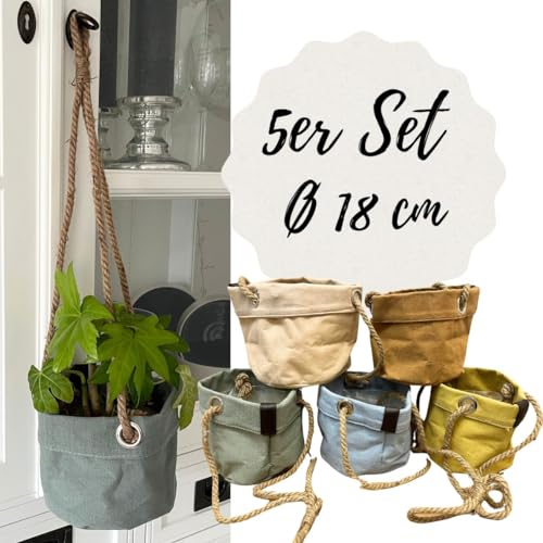 Bada Bing 5er Set Blumenampel Aufbewahrungskorb Baumwolle-Leinen Optik für Pflanzen Ø 18 cm - Pflanzkorb hängend aus Stoff mit Kordel - Blumentopf wasserdicht und faltbar in Pastell für Balkon Garten von Bada Bing