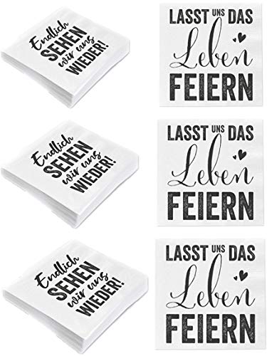 Bada Bing 6er Set Mit 120 Stück Servietten Spruch Weiß Edel Papierservietten "Endlich sehen wir uns wieder" "Lasst uns das Leben feiern" 40 von Bada Bing