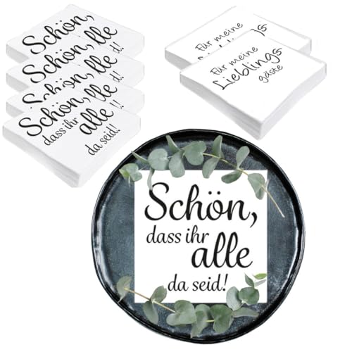 Bada Bing 6er Set mit 120 Stück Servietten mit Spruch - Moderne Papierservietten als stilvolle Tischdeko - Schön dass ihr alle da seid! - Für meine Lieblingsgäste - Tischdekoration weiß Party Vintage von Bada Bing