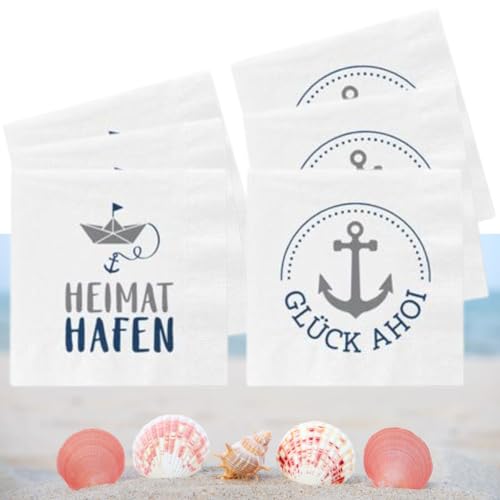 Bada Bing 6er Set mit 120 Stück Servietten mit Spruch GLÜCK AHOI - HEIMAT HAFEN - Moderne weiße Papierservietten als stilvolle Tischdeko - Tischdekoration - Maritime Party Deko Vintage von Bada Bing