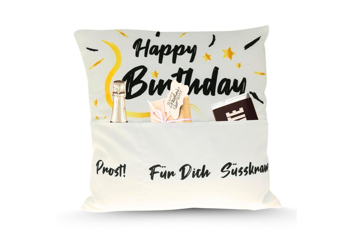 Bada Bing Dekokissen Happy Birthday Kissen mit 3 Taschen originelles Geschenke-Kissen, Lustiges Kissen, Platz für Trinken und Snacks von Bada Bing