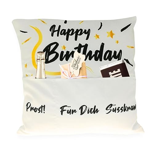 Bada Bing Dekokissen mit 3 Taschen Happy Birthday - Kissen mit Spruch zum selbst Befüllen als Geschenk zum Geburtstag - Geburtstagsgeschenk Geldgeschenk Kissenhülle inkl. Kissen von Bada Bing