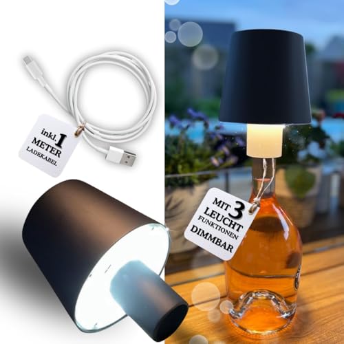 Bada Bing LED Akku Touch Lampe schwarz als Flaschenlicht - Deko Lampe als Aufsatz für Flaschen - dimmbar und wiederaufladbar - Tischlampe kabellos in warmweiß und kaltweiß - Tischleuchte Haus Garten von Bada Bing