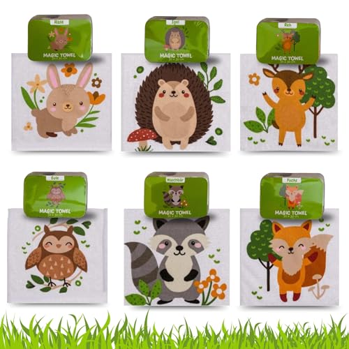 Bada Bing 6er Set Magisches Handtuch - Wald Waldtiere - Baumwoll-Waschlappen - Zauberhandtuch für Kinder ca. 30x30 cm 6fach s. Gastgeschenk Kindergeburtstag Geschenk Mitgebsel von Bada Bing