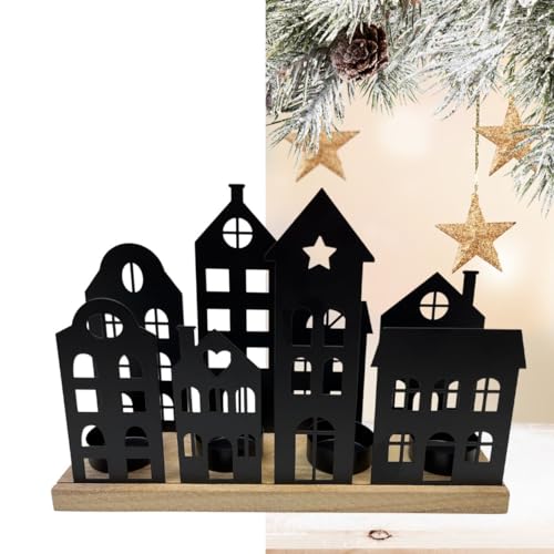 Bada Bing Teelichthalter Häuser aus Holz Metall in schwarz - Adventskranz für Teelichter mit Stadt Silhouette - Kerzenhalter Tischdeko Skyline - Geschenkidee für Weihnachten von Bada Bing