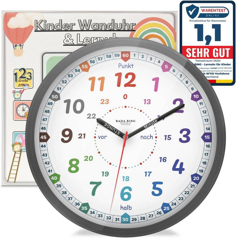 Bada Bing Wanduhr Lernuhr für Kinder 25cm Ø Uhr zum Lernen der Uhrzeit Kinderuhr (Lautlos ohne Ticken, inkl. Lernblatt) von Bada Bing