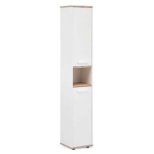 BadeDu ARC Hochschrank mit verchromten Griffen – Schrank für das Badezimmer (30 cm x 177 cm x 28 cm) – Badschrank schmal aus Holz in Weiß und Eiche von BadeDu