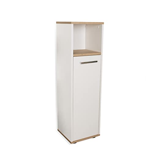 BadeDu Arc Midischrank mit Chromegriffen, Badschrank mit viel Stauraum und Einlegeboden, Kommode aus hochwertigem Holzwerkstoff in trendigem Weiß/Eiche von BadeDu