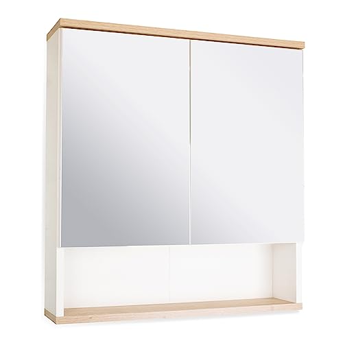 BadeDu ARC Spiegelschrank mit zusätzlicher Ablage – Alibertschrank für das Badezimmer (60 cm x 65 cm x 16 cm) – Badezimmer-Spiegelschrank mit Holz in Weiß und Eiche von BadeDu