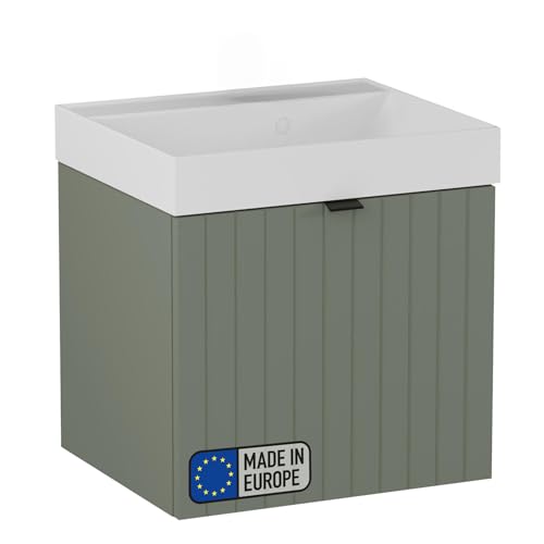 BadeDu Esla Waschbecken mit Unterschrank – 50 cm Breit, Gussmarmor Waschbecken in Weiß mit Waschbeckenunterschrank in Grün, 2 Schubladen mit Soft-Close-System von BadeDu