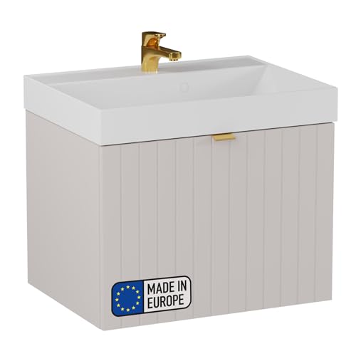 BadeDu Esla Waschbecken mit Unterschrank – 59 cm Breit, Gussmarmor Waschbecken in Weiß mit Waschbeckenunterschrank in Grau, 2 Schubladen mit Soft-Close-System von BadeDu