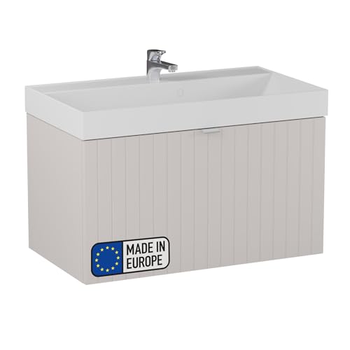 BadeDu Esla Waschbecken mit Unterschrank – 79 cm Breit, Gussmarmor Waschbecken in Weiß mit Waschbeckenunterschrank in Grau, 2 Schubladen mit Soft-Close-System von BadeDu