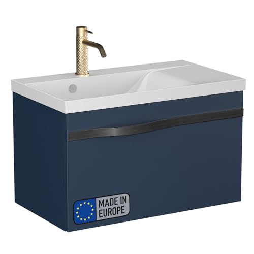 BadeDu Fils Waschbecken mit Unterschrank – 70 cm breit, Waschbecken aus Gussmarmor in Weiß mit Waschbeckenunterschrank in Navy Blue, 1 Schublade mit Soft-Close-System von BadeDu