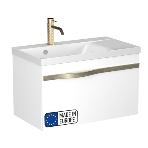 BadeDu Fils Waschbecken mit Unterschrank – Elegantes Design in Weiß, 70cm Breite, Gussmarmorbecken in Weiß, Schublade mit Soft-Close System, integrierte Einsätze aus Holz von BadeDu