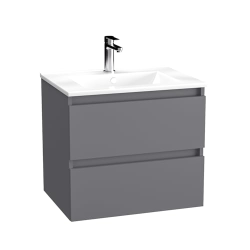 BadeDu Gers Waschbecken mit Unterschrank – 60 cm Breit, Keramikwaschbecken in Weiß mit Waschbeckenunterschrank in Matt Grau, Soft-Close-System von BadeDu