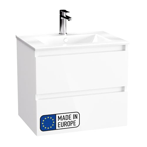 BadeDu Gers Waschbecken mit Unterschrank – 60 cm Breit, Keramikwaschbecken in Weiß mit Waschbeckenunterschrank in Weiß Glanz, Soft-Close-System von BadeDu