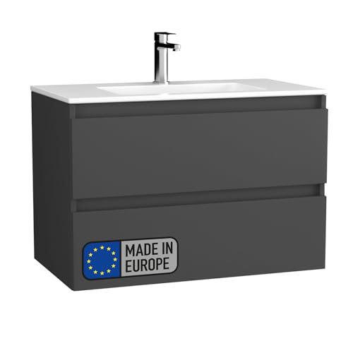 BadeDu Gers Waschbecken mit Unterschrank – 80 cm Breit, Keramikwaschbecken in Weiß mit Waschbeckenunterschrank in Matt Grau, Soft-Close-System von BadeDu