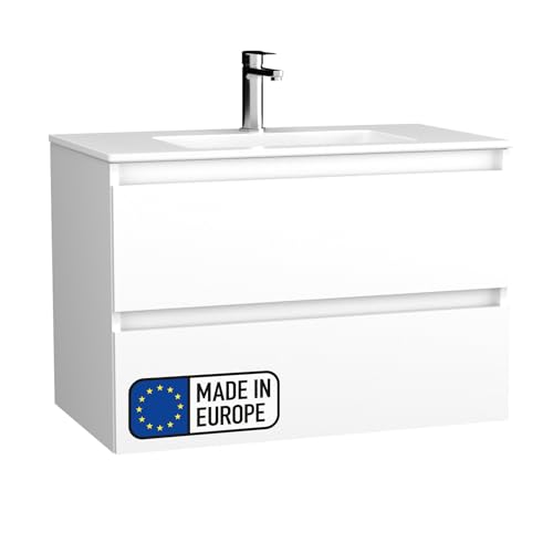 BadeDu Gers Waschbecken mit Unterschrank – 80 cm Breit, Keramikwaschbecken in Weiß mit Waschbeckenunterschrank in Weiß Glanz, Soft-Close-System von BadeDu