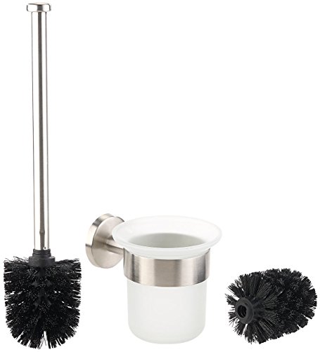 BadeStern Klobürsten: Edelstahl/Glas-WC-Garnitur, Wandmontage, 2 Bürsten-Aufsätze, schwarz (WC Bürstenhalter Wandmontage, Klobürste Edelstahl, Reinigung) von BadeStern