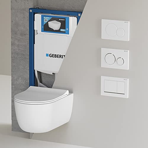 Hänge WC Spülrandlos 54cm Weiß Glanz I WC Komplettset Geberit Sigma30 I Wand WC randlos I Softclose WC Sitz I Geberit Duofix UP-Element 112cm von Badena