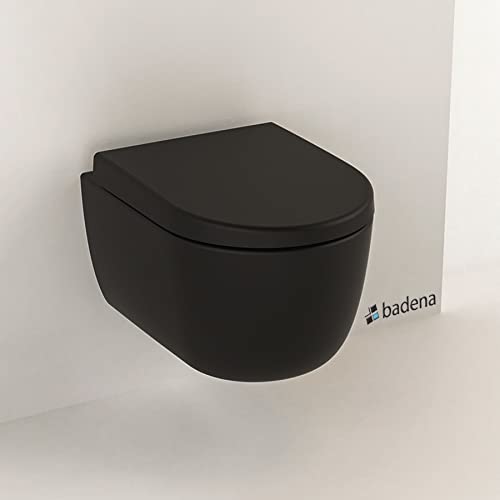 Hänge WC spülrandlos schwarz matt I Wand WC Tiefspüler hängend randlos I inkl. Schallschutz und abnehmbaren WC-Sitz mit Softclose Absenkautomatik I Spülrandlose Toilette wandhängend I 49x36x33cm Hänge WC spülrandlos schwarz matt I Wand WC Tiefspüler hängend randlos I inkl. Schallschutz und abnehmbaren WC-Sitz mit Softclose Absenkautomatik I Spülrandlose Toilette wandhängend I 49x36x33cm von Badena