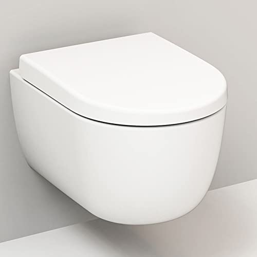 Hänge WC spülrandlos weiß matt I Wand WC Tiefspüler hängend randlos I inkl. Schallschutz und abnehmbaren WC-Sitz mit Softclose Absenkautomatik I Spülrandlose Toilette wandhängend I 54,5x36x33cm von Badena