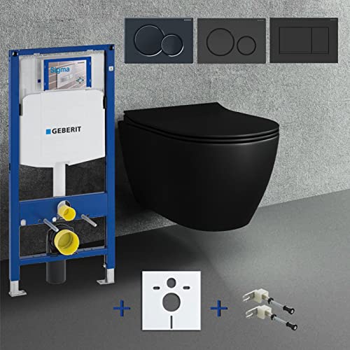 Spülrandloses Hänge WC Komplettset I schwarz matt I randloses Wand WC mit Geberit UP320 Spülkasten I Tiefspül WC I Softclose Deckel I Hänge Toilette Sigma Drückerplatte Vorwandelement (Sigma01) von Badena