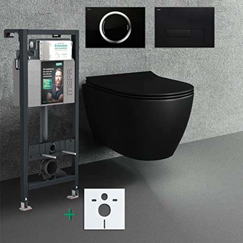 Spülrandloses Hänge WC Komplettset I schwarz matt I randloses Wand WC mit Mepa nextVit Spülkasten I Tiefspül WC I Deckel mit Absenkautomatik I Hänge Toilette mit Orbit Drückerplatte Vorwandelement von Badena