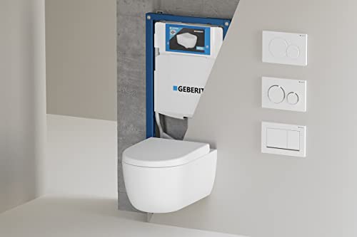 Spülrandloses Hänge Wc mit Spülkasten 54cm I Wand WC ohne Spülrand mit Geberit UP320 Vorwandelement und Sigma01 Betätigungsplatte I Randloses Hänge WC Komplettset Weiß Matt von Badena