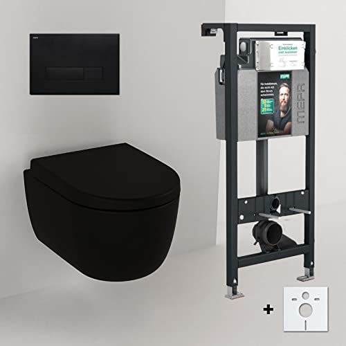 Spülrandloses Hänge Wc mit Spülkasten I Randloses Hänge WC Komplettset Schwarz Matt 49cm I Wand WC ohne Spülrand mit Vorwandelement und Betätigungsplatte (49cm, Mepa Orbit) von Badena