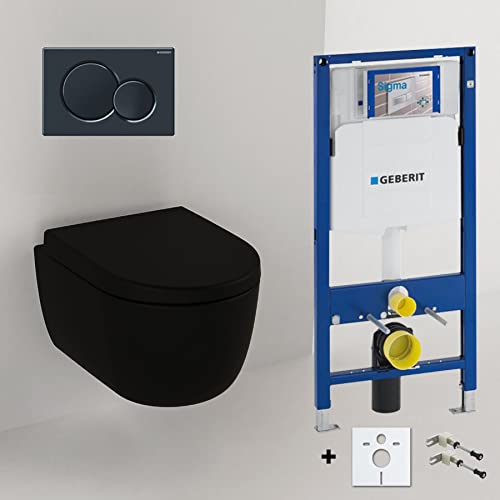 Spülrandloses Hänge Wc mit Spülkasten I Randloses Hänge WC Komplettset Schwarz Matt 54cm I Wand WC ohne Spülrand mit GEBERIT UP320 Vorwandelement und Sigma 01 Betätigungsplatte von Badena