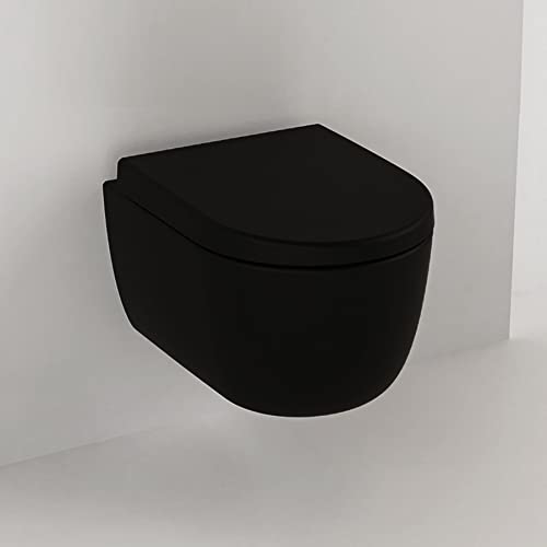 Spülrandloses Hänge Wc mit Spülkasten I Randloses Hänge WC Set Schwarz Matt 54cm I Wand WC ohne Spülrand mit WC-Deckel mit Absenkautomatik und Schallschutz von Badena