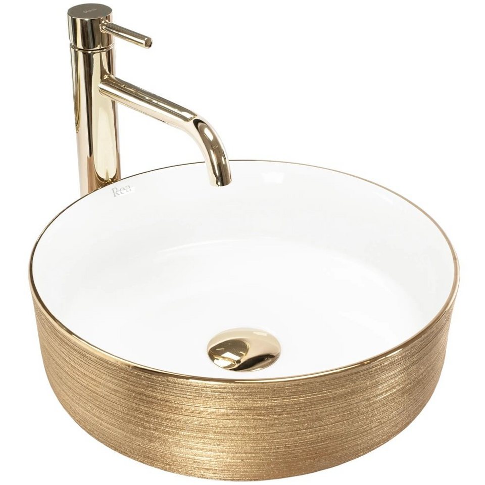 wohnwerk.idee Aufsatzwaschbecken Waschbecken Keramik Sami Brushed Gold Gebürstet rund Ø36,5cm von wohnwerk.idee