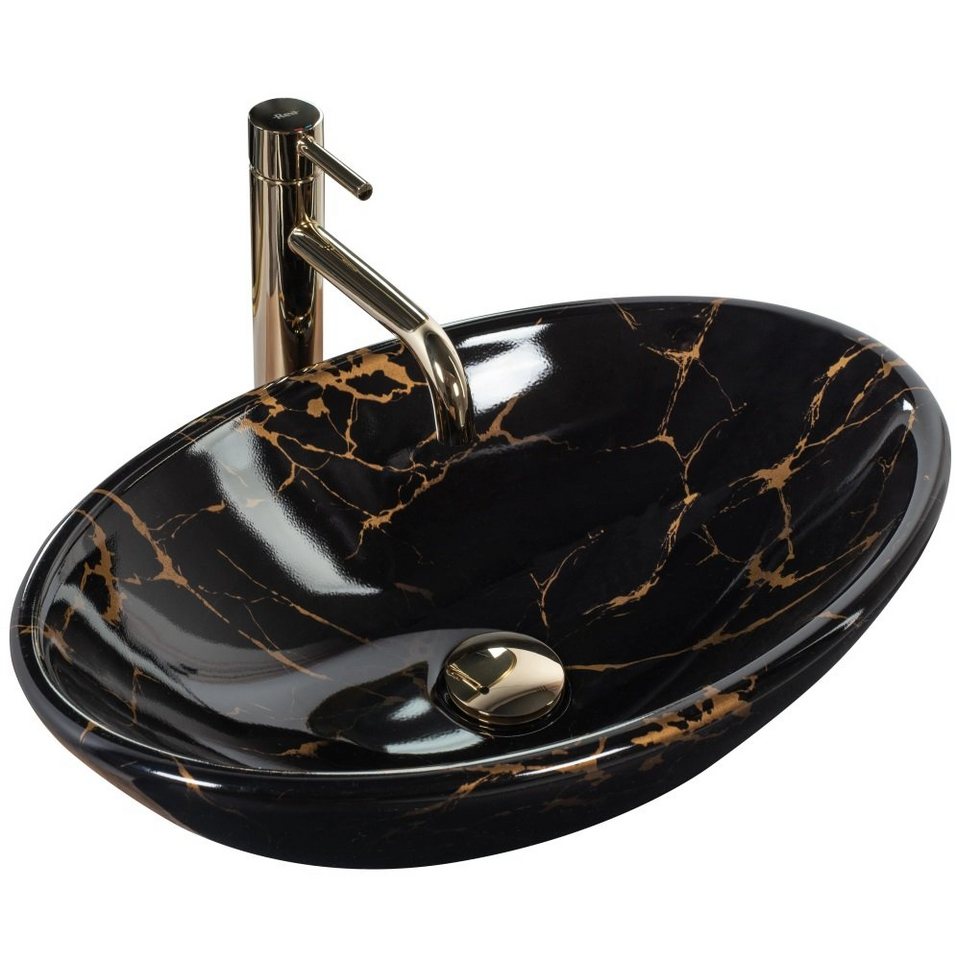 wohnwerk.idee Aufsatzwaschbecken Waschbecken Pamela Black Marble Shiny Marmoroptik 53x33cm von wohnwerk.idee