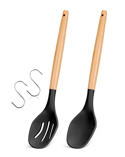 Große Silikon-Kochlöffel, 2 Stück, antihaftbeschichtet, solide und geschlitzte Löffel-Set, hitzebeständiges Silikon-Küchenholzlöffel zum Kochen, Mischen (2 Haken im Lieferumfang enthalten, schwarz) von Badiano