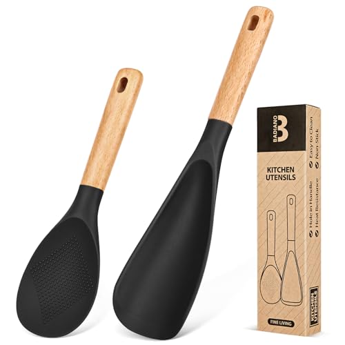 Kochlöffel und Reisschaufel für antihaftbeschichtetes Kochgeschirr, ideal zum Kochen und Servieren, stabiles BPA-freies, mattes Silikon, Holzgriff zum Mischen, Schaufeln und Schaben (schwarz) von Badiano