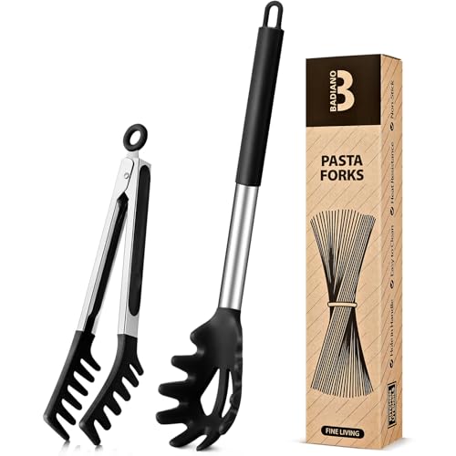 Spaghetti-Löffel & Nudelzange aus Silikon, antihaftbeschichteter Edelstahlgriff, Nudelgabel-Set mit Zähnen, Lebensmittelclip zum einfachen Servieren von Nudeln (Schwarz) von Badiano