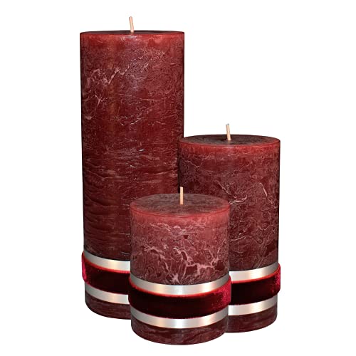 Badidi Bordeaux Deko Set - Modern Wohnzimmer Dekoration - Home Deko Stumpenkerzen Bordeaux - Tischdeko - Dekoration Esstisch - 3er Kerzenset - 3 x Kerze Weinrot - Größe 9, 12,5, 19cm Hoch, Ø 7cm von Badidi