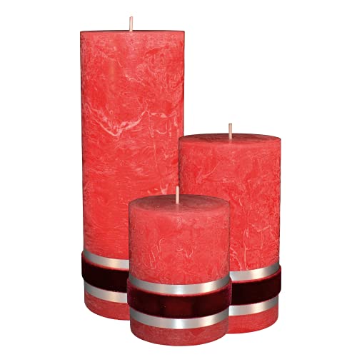 Badidi Rot Kerzen Deko Set - Modern Wohnzimmer Dekoration - Home Deko Stumpenkerzen Rot - Tischdeko - Dekoration Esstisch - 3er Kerzenset - 3 x Kerze Rot - Größe 9, 12,5, 19cm Hoch, Ø 7 von Badidi