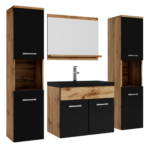 Badplaats B.V. Badezimmer Badmöbel Set Montreal XL 60cm Schwarze Waschbecken - Eiche mit Matt Schwarz - Unterschrank Hochschrank Waschtisch Möbel von Badplaats B.V.