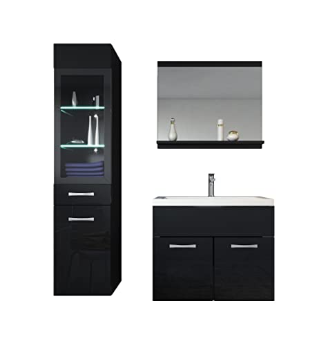 Badezimmer Badmöbel Set Rio LED 60cm Waschbecken Hochglanz Schwarz Fronten - Unterschrank Hochschrank Waschtisch Möbel von Badplaats B.V.